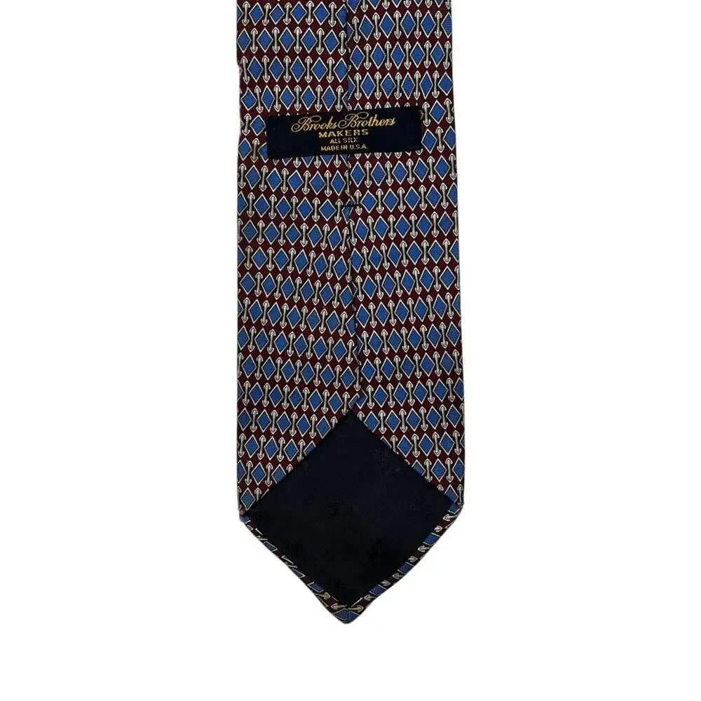 Brooks Brothers Makers Silk Neck Tie Geometric Diamond FLAW Burgundy Blue 3.5x52